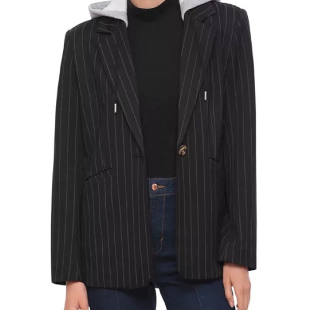 Bagatelle French Terry Black Pinstripe Hooded Women's Blazer